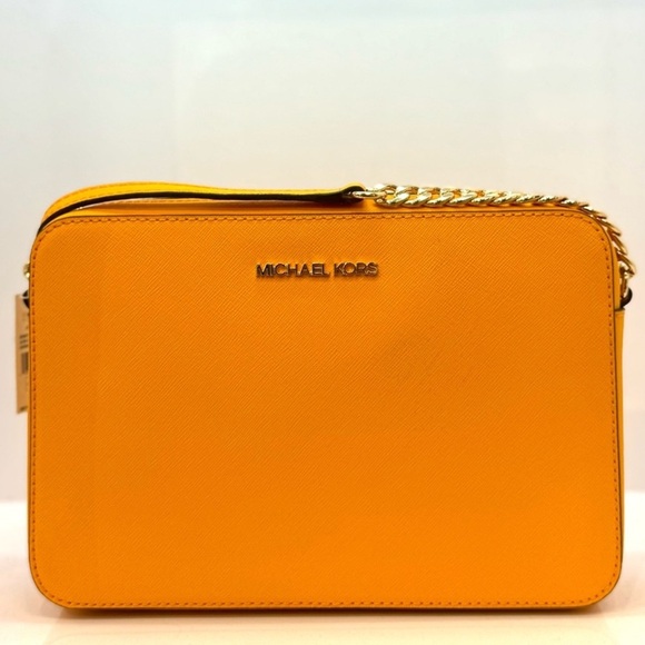 Michael Kors Jet Set Large Saffiano Leather Crossbody Bag Pop Orange Multi - Picture 1 of 8